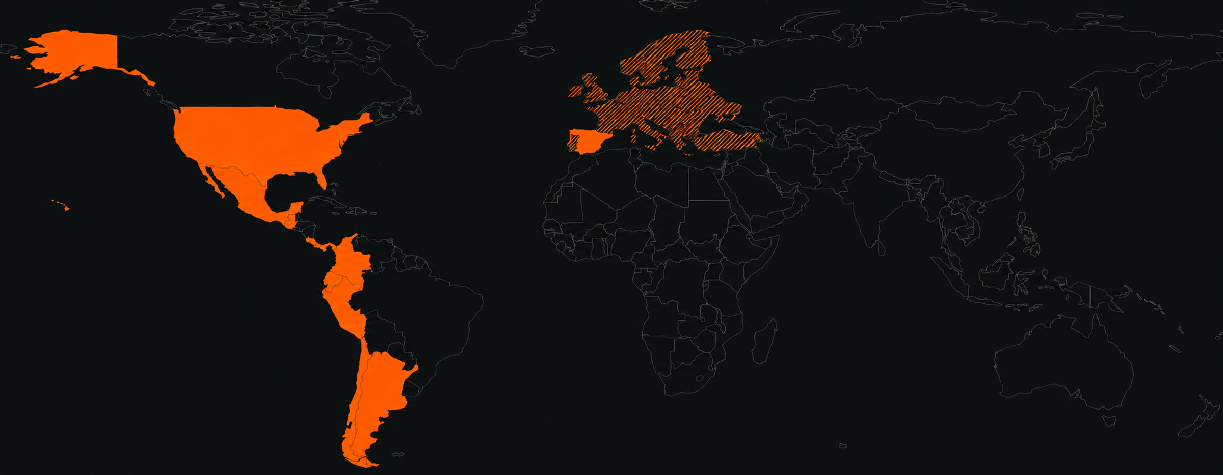 Mapa con España, México, Guatemala, Costa Rica, Panamá, Colombia, Ecuador, Perú, Chile, Argentina y Estados Unidos señalados en sólido, y el resto de Europa señalado con una trama diagonal