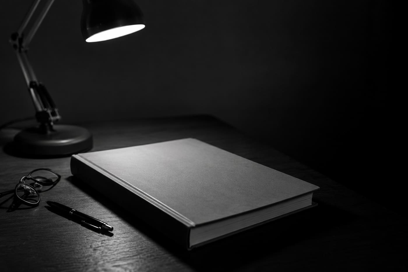 Un informe encuadernado cerrado sobre una mesa de despacho, bajo la luz de un flexo